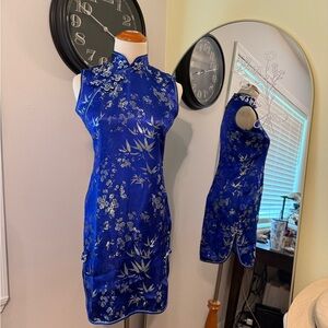Elegant Blue Floral Cheongsam Dress